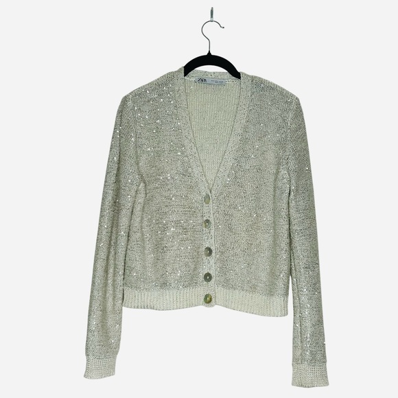 Zara Knit Cardigan Sweater With Sequins in Silver V-Neckline Sz M - Picture 2 of 10